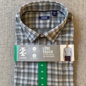 NWT Izod Men's Luxe Touch Long Sleeve Gray Blue White Plaid Button Up Shirt, XL